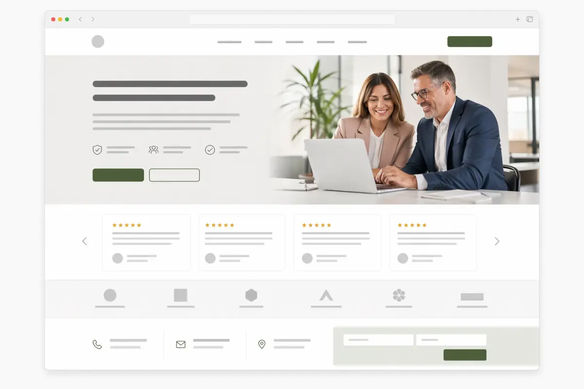 Screenshot-achtige website mockup met vertrouwenssignalen